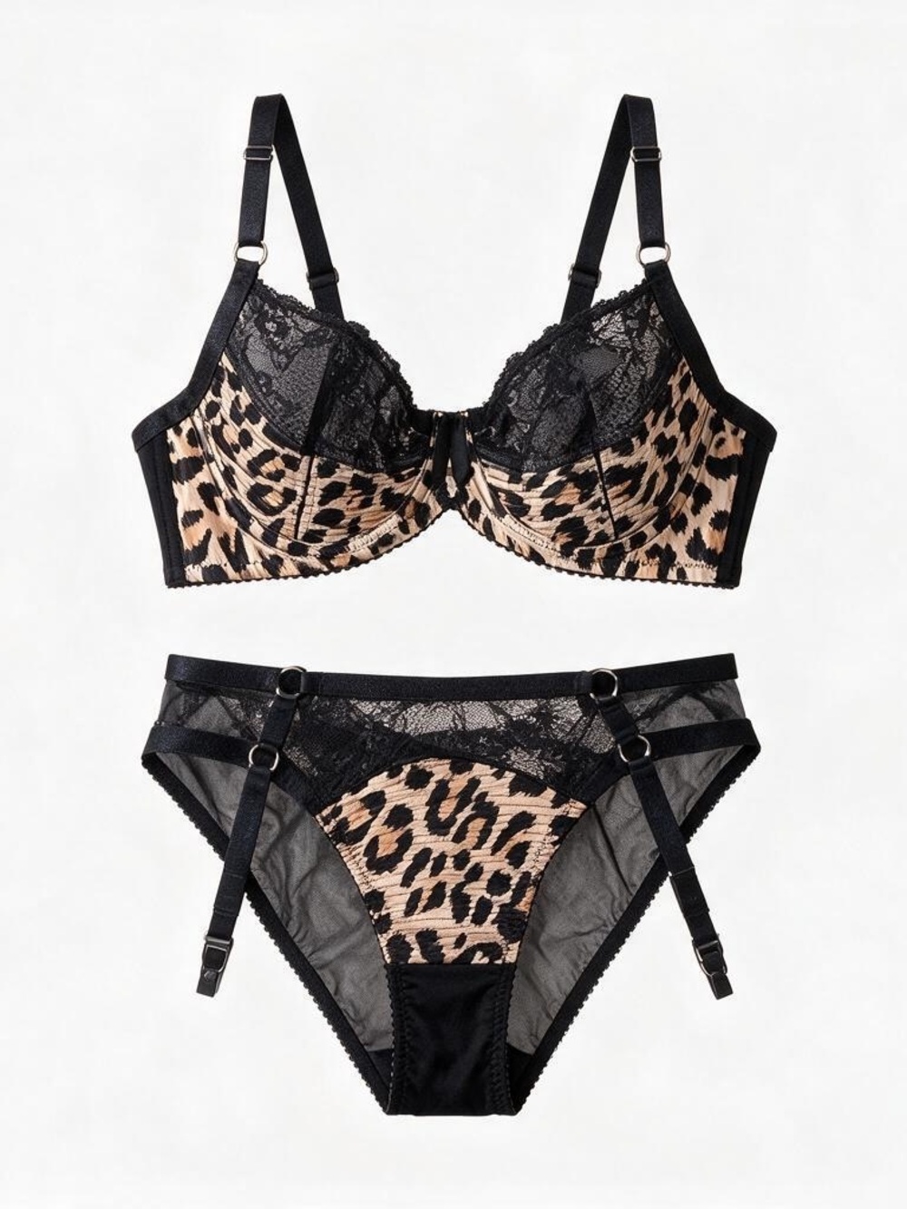 Dita Von Teese Leopard Lace Underwire Bra & Garter Brief Set - Black/Tan